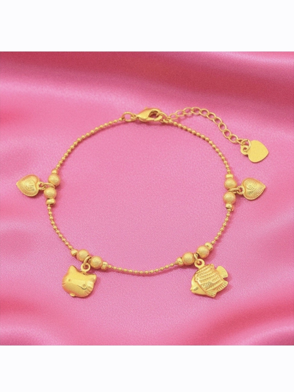 18K‎ Gold-plated Charm Bracelet w/ Heart , Fish & Cat Charms